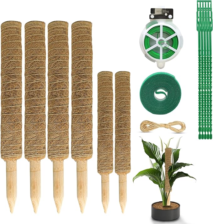 EcoNour 60.5" (4 Pcs - 16" & 2 Pcs - 12") Stackable Moss Pole for Monstera Plant Support | Moss Pole Sticks for Indoor Plants | Supports for Garden Climbing Plant Stakes, Creepers with Tie Accessory