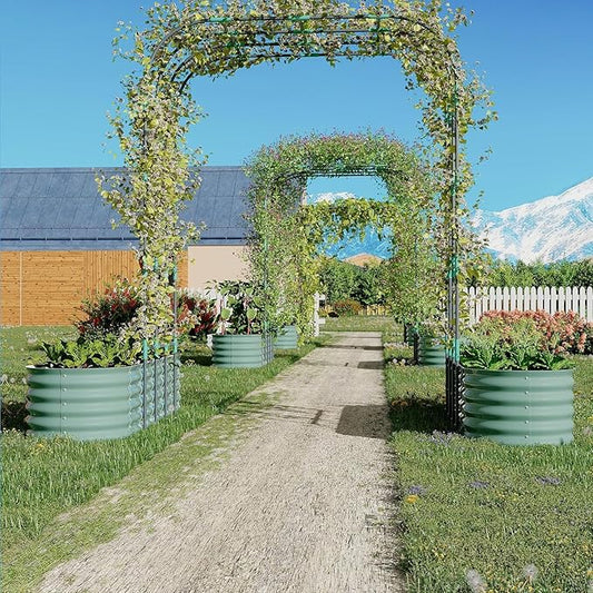 Galvanized Raised Garden Bed with 96" Vertical Arch Trellis, Expandable Outdoor Planter Box with Dual Sections, Rust-Resistant Garden Bed for Flowers, Herbs, Vegetables, Vines, Green