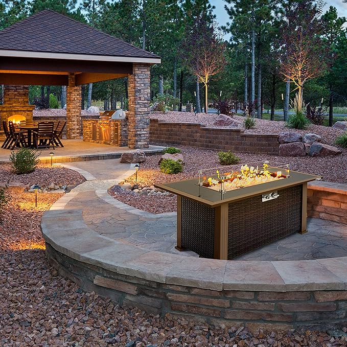 SereneLife Outdoor Propane Fire Pit Table - CSA Approved Safe 50,000BTU Auto-Ignition Propane Gas Fire Table - Rattan Panel, Glass Wind Guard, Black Tempered Glass Tabletop, Clear Glass Rock SLFPTL