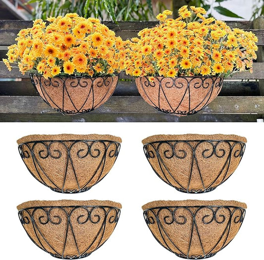LaLaGreen Outdoor Wall Planters (4 Pack, 12 Inch) Black Metal Wall Mounted Hanging Basket with Coco Liner, Flower Pot Plant Holder Semi-Circle Planter for Fence Railing Deck Porch Balcony Garden Decor