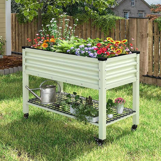 VEIKOU 48x24x34in Galvanized Steel Raised Garden Bed for Outdoor with Shelf and Casters, Drainage Holes, Detachable Liner, Steel Planter Box for Gardening, 507 lbs Capacity, Cream White