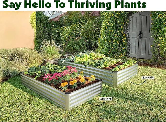 Plant & Plot Galvanized Raised Garden Beds Outdoor // 8×4×1 ft (2-Pack) Planter Raised Beds for Gardening, Vegetables, Flowers // Large Metal Garden Box (Silver) // Patented Tool-Free Design