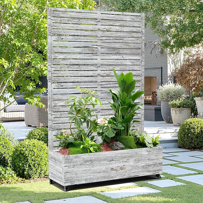 15.7"×70.9"×47.2" Metal Raised Garden Bed with Trellis and Wheels - Tall Trellis Planter Box for Climbing Plants, Vegetables & Vines - Outdoor Privacy Planters for Patio (White Oak Grain)