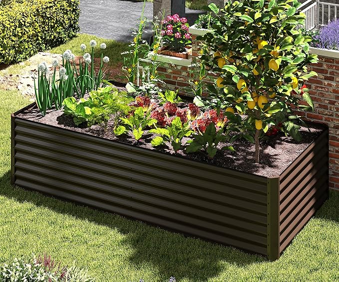 Domi 6×3×2 ft Galvanized Raised Garden Bed, Outdoor Planter Garden Boxes Large Metal Planter Box for Gardening Vegetables Fruits Flowers, Brown