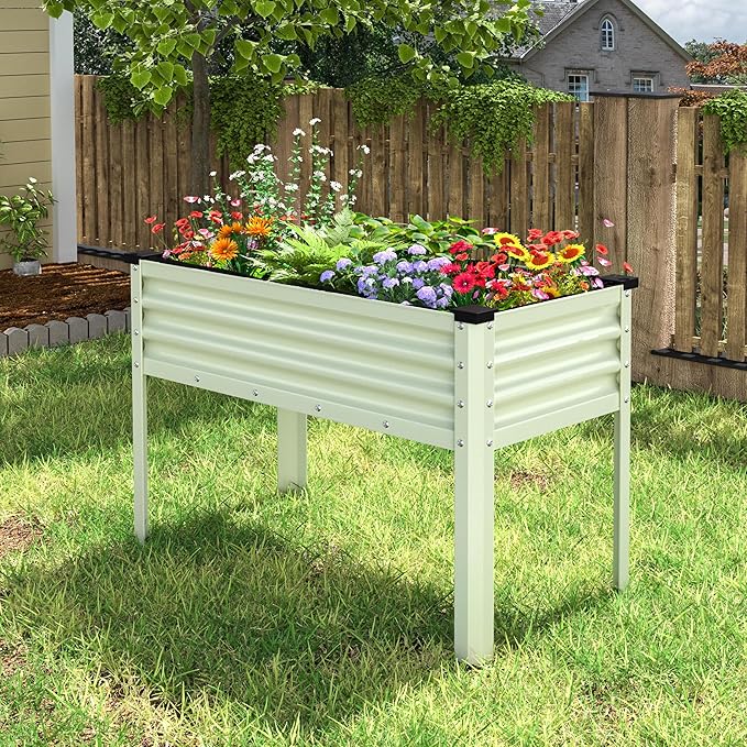 MUPATER 48" L x 24" W x 32" H Galvanized Steel Raised Garden Bed, 507lbs Capacity Large Metal Elevated Raised Planter Box with Legs & Detachable Black Liner for Patio, Balcony, Beige