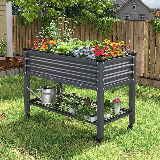 VEIKOU 48 x 24 x 34in Galvanized Steel Raised Garden Bed for Outdoor with Shelf and Casters, Drainage Holes, Steel Planter Box for Gardening Vegetable Flower Herb, 507 lbs Capacity, Gray