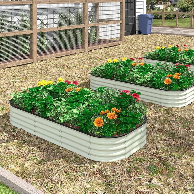 MUPATER 6x3x1FT Galvanized Raised Garden Beds, 11”H Metal Planter Box for Outdoor Plants, Oval Many-in-1 Modular Garden Bed Kit for Herbs and Flowers, Garden, Beige